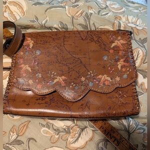 Patricia Nash floral map brown crossbody bag painted leather with birds